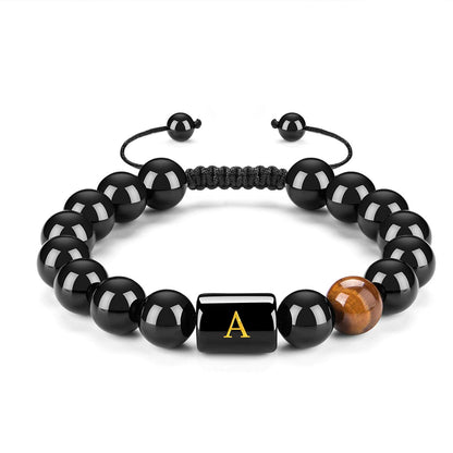 Initials Bracelets for Men Letter Link Handmade Natural Black Onyx Tiger Eye Stone Beads Braided Rope Meaningful Bracelet