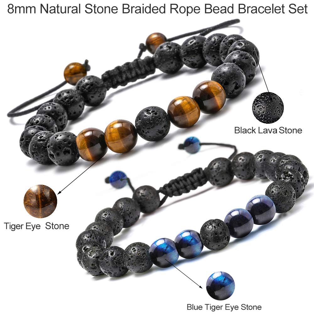 M MOOHAM Natural Stone Bracelets for Men - 8mm Tiger Eye | Matte Agate | Lava Rock Bracelets for Men Teen Boys Gifts Fathers Day Anniversary Birthday Gifts for Him