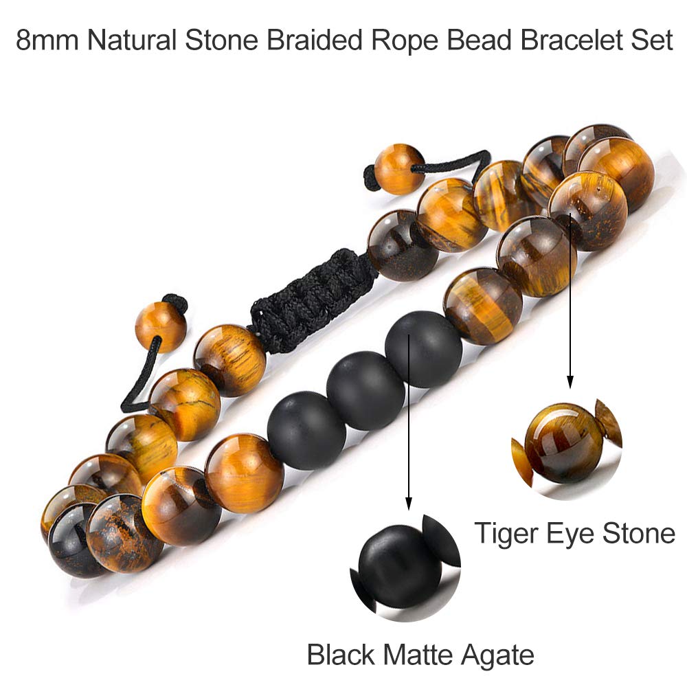 M MOOHAM Natural Stone Bracelets for Men - 8mm Tiger Eye | Matte Agate | Lava Rock Bracelets for Men Teen Boys Gifts Fathers Day Anniversary Birthday Gifts for Him