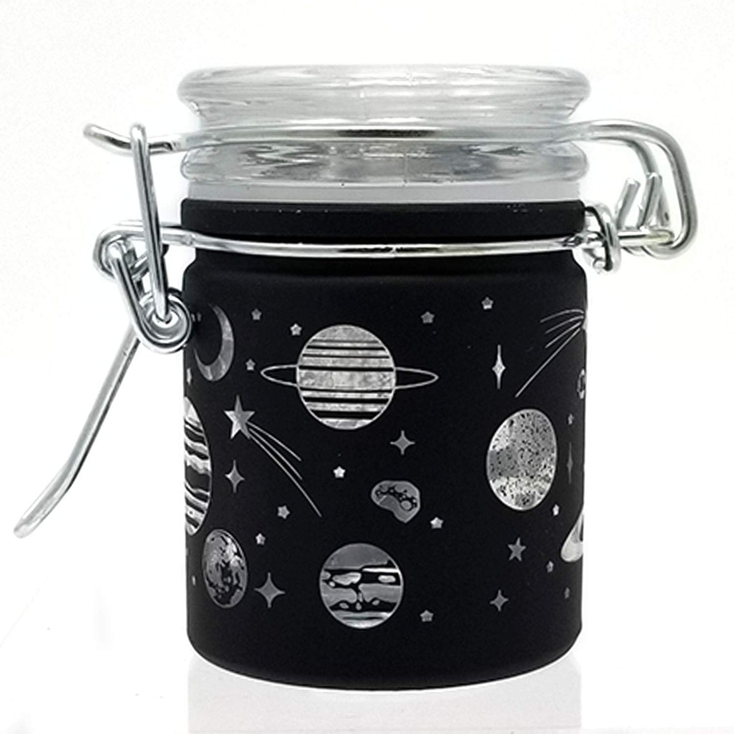 Airtight Glass Herb Stash Jar with Clamping Lid in Choice of Design (Black Frosted Galaxy)