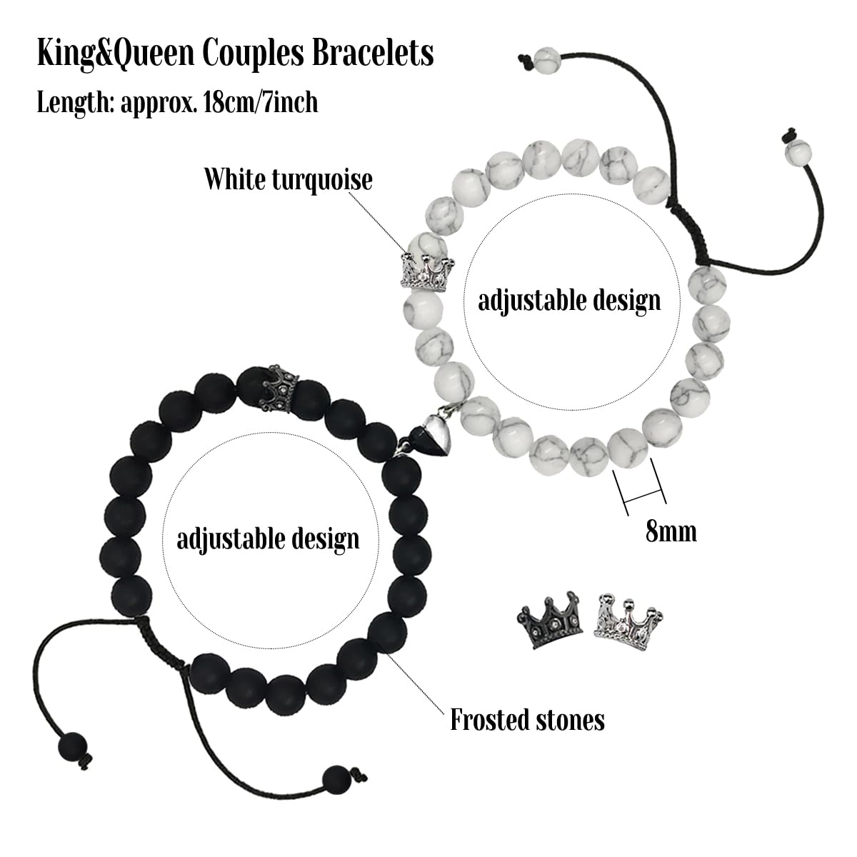 Couples Bracelets King&Queen Crown His and Her Bracelets Heart Matching Bracelets Long Distance Relationship Gifts for Boyfriend and Girlfriend on Anniversary Couples Jewelry for Women Men