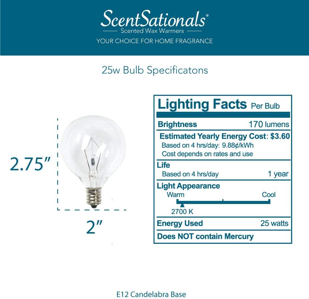 Scentsationals 25 Watt Wax Warmer Bulbs, 25w Light Bulb Candelabra E12 Base - Replacement Plug-in Full Size Electric Wax Melter Candle, Certified Style G50 120 Volt (2 Bulb Pack)