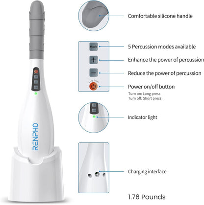 RENPHO Rechargeable Hand Held Massager for Deep Tissue Muscle Massage, Cordless Electric Back Massager for Neck, Shoulder, Foot, Leg, Calf, Gifts for Women Men