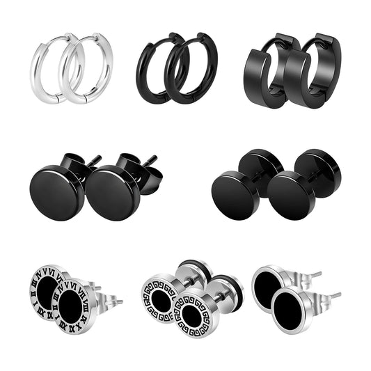 Black Stainless Steel Stud Earrings for Men Women Small Huggie Hoop Earrings Set for Men Cool Goth Punk Earrings Barbell Earrings Black Silver Hoop Cartilage Earring (Classic) (Black Tone)