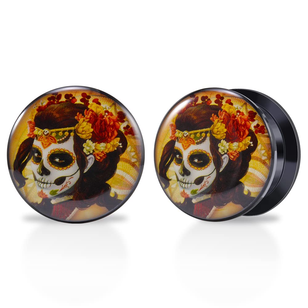 1 Pair Acrylic Solid Screw On Ear Plugs Tunnels Santa Muerte Death Goodness Resin Allergy Free Stretcher For Women Men Body Piercing Jewelry