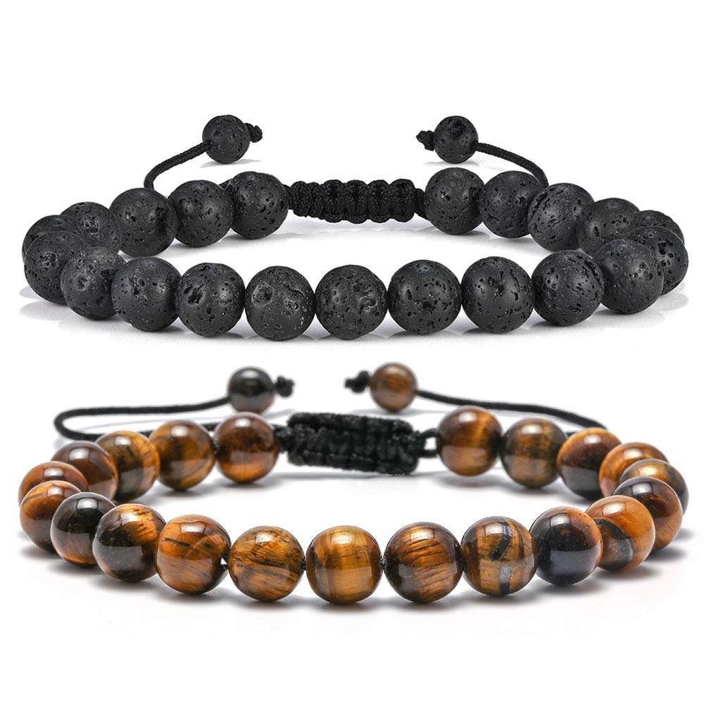 M MOOHAM Natural Stone Bracelets for Men - 8mm Tiger Eye | Matte Agate | Lava Rock Bracelets for Men Teen Boys Gifts Fathers Day Anniversary Birthday Gifts for Him