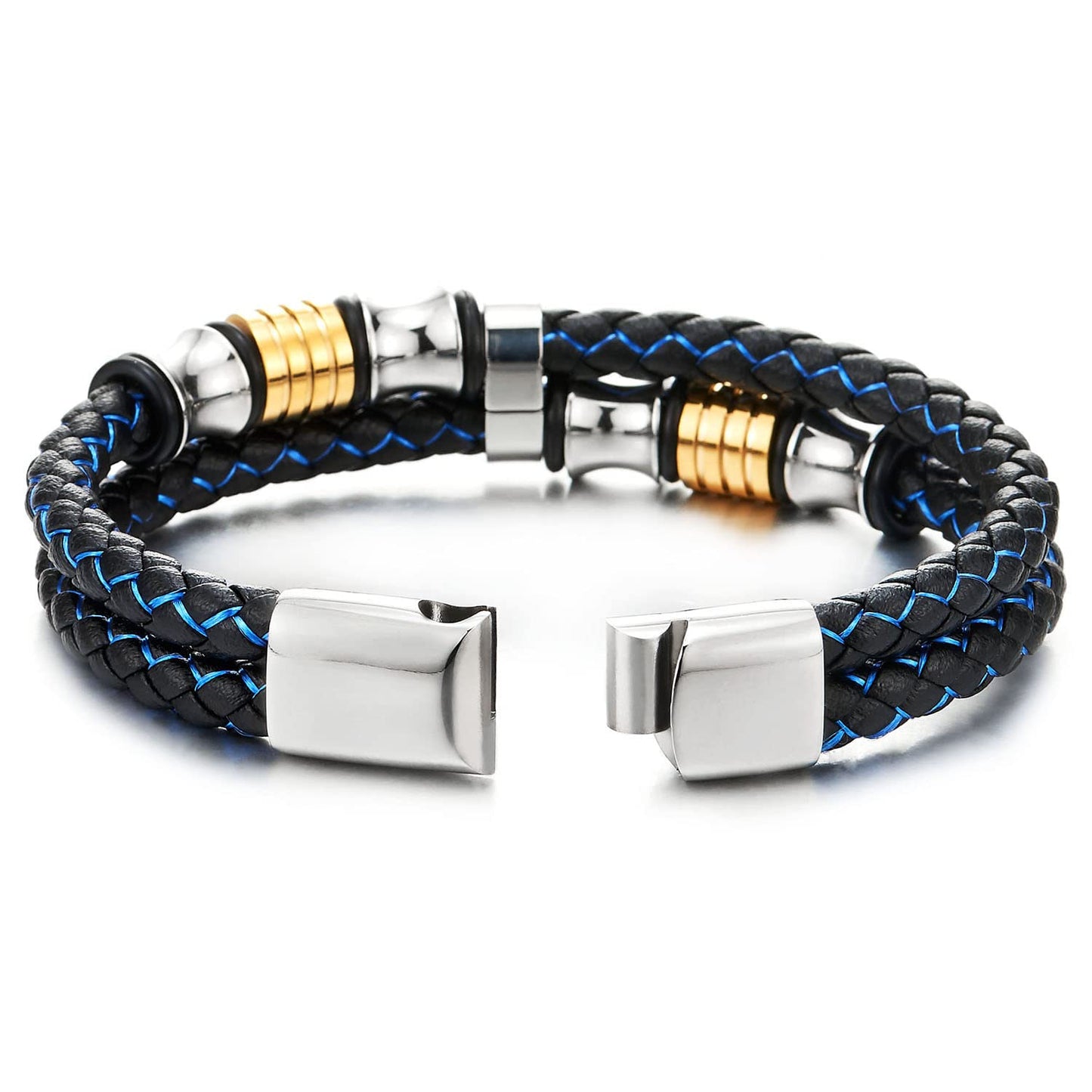 COOLSTEELANDBEYOND Mens Double-Row Braided Leather Bracelet Bangle Wristband with Stainless Steel Ornaments