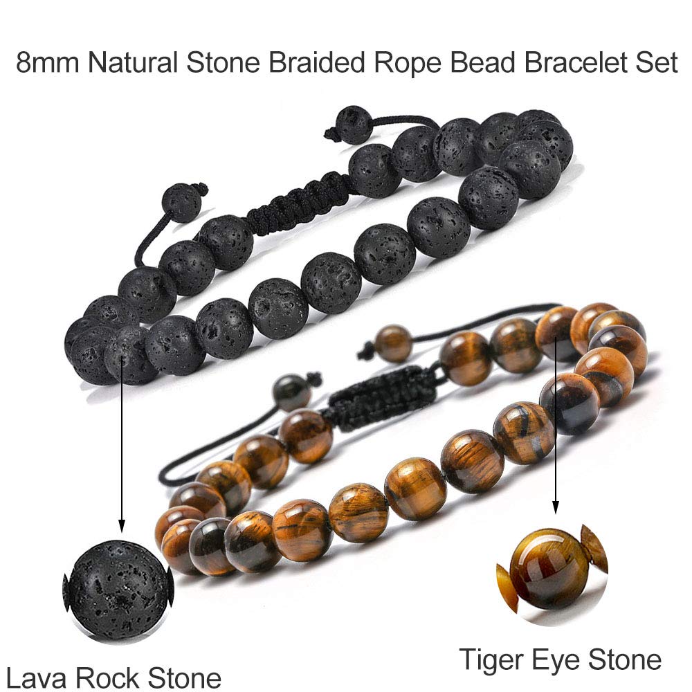 M MOOHAM Natural Stone Bracelets for Men - 8mm Tiger Eye | Matte Agate | Lava Rock Bracelets for Men Teen Boys Gifts Fathers Day Anniversary Birthday Gifts for Him