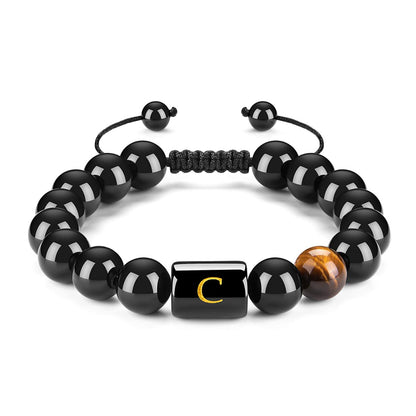 Initials Bracelets for Men Letter Link Handmade Natural Black Onyx Tiger Eye Stone Beads Braided Rope Meaningful Bracelet