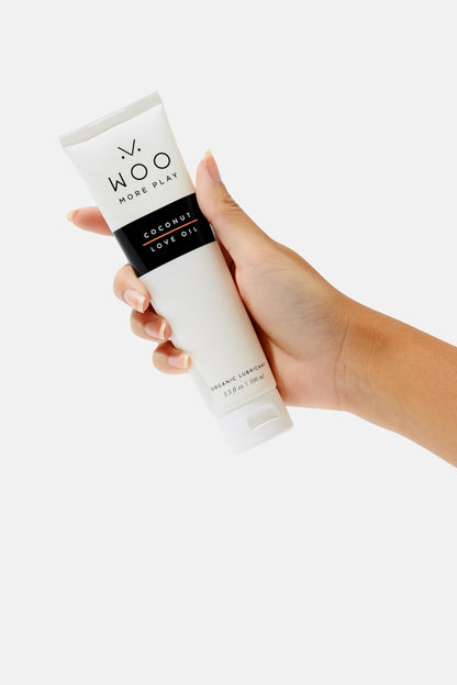Woo More Play Coconut Love Oil | Organic Coconut Oil Personal Lubricant for Men and Women | Natural and Clean Ingredients | Doubles as Massage Oil | Relaxing Scent | 3.3 fl Oz