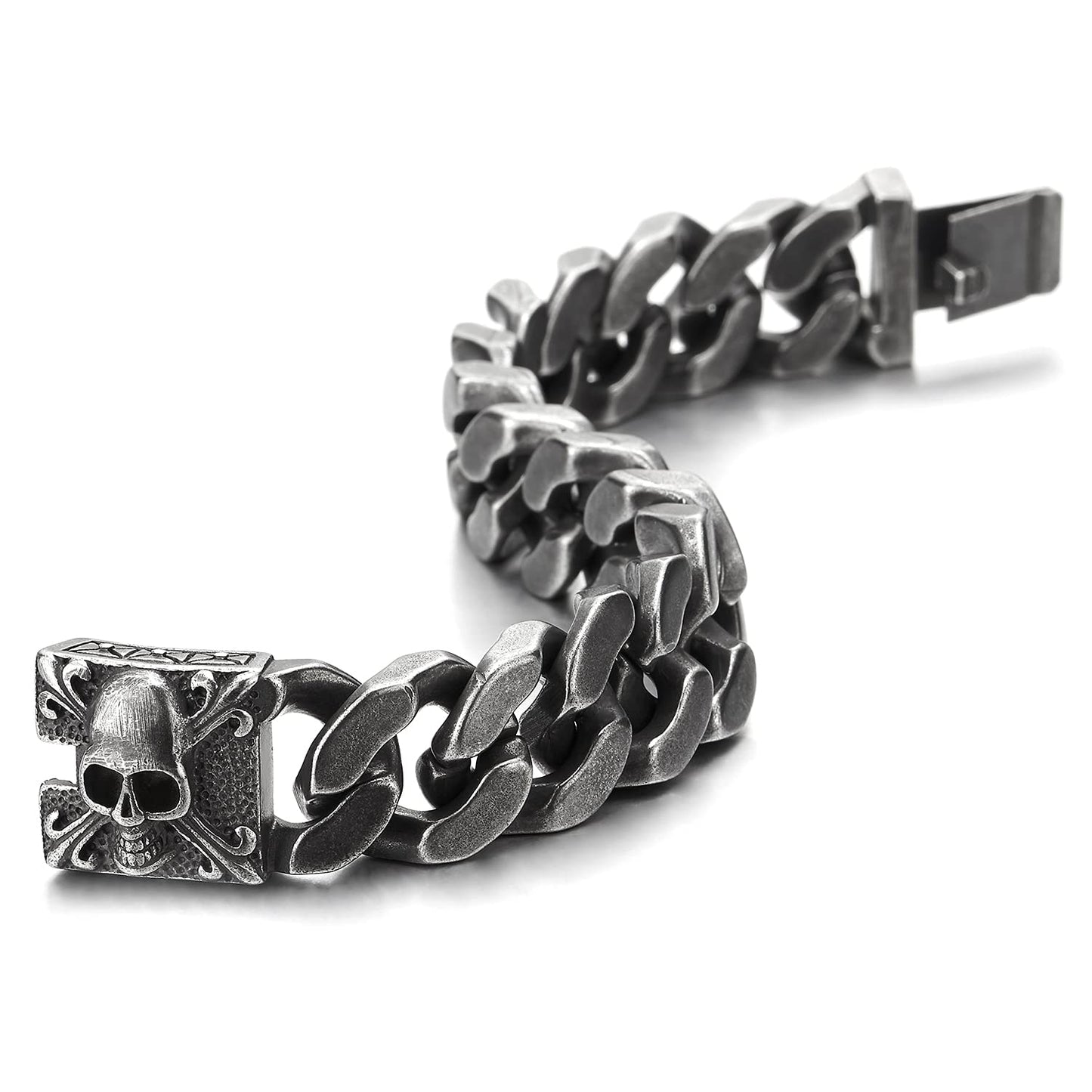 COOLSTEELANDBEYOND Mens Large Vintage Brushed Finishing Steel Curb Chain Bracelet with Fleur De Lis and Skull