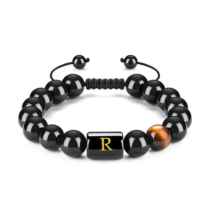 Initials Bracelets for Men Letter Link Handmade Natural Black Onyx Tiger Eye Stone Beads Braided Rope Meaningful Bracelet