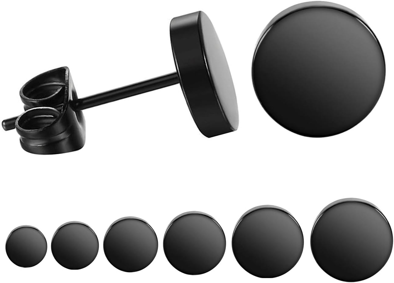 Black Round Stud Earrings Set Stainless Steel Ear Studs for Men Women 6 Pairs 3mm-8mm … (Black)