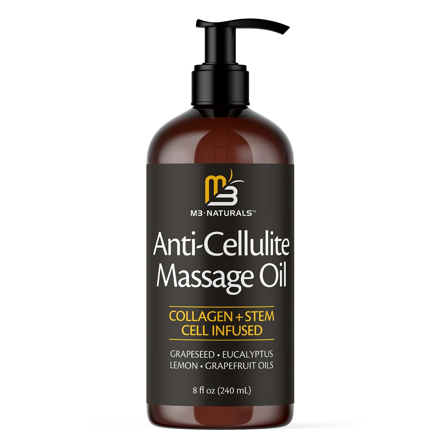 Anti Cellulite Massage Oil for Massage Therapy - Collagen and Stem Cell Skin Tightening Cellulite Cream for Women - 8 Fl Oz by M3 Naturals