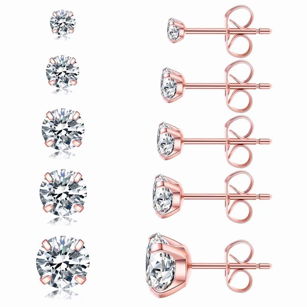 5 Pairs Stud Earrings Set, Hypoallergenic Cubic Zirconia 316L Earrings Stainless Steel CZ Earrings 3-8mm (Steel color)