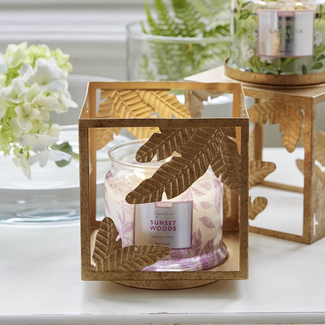 PartyLite Candle Holder - Square Golden Frond Metal Jar Holder for Scented Candles