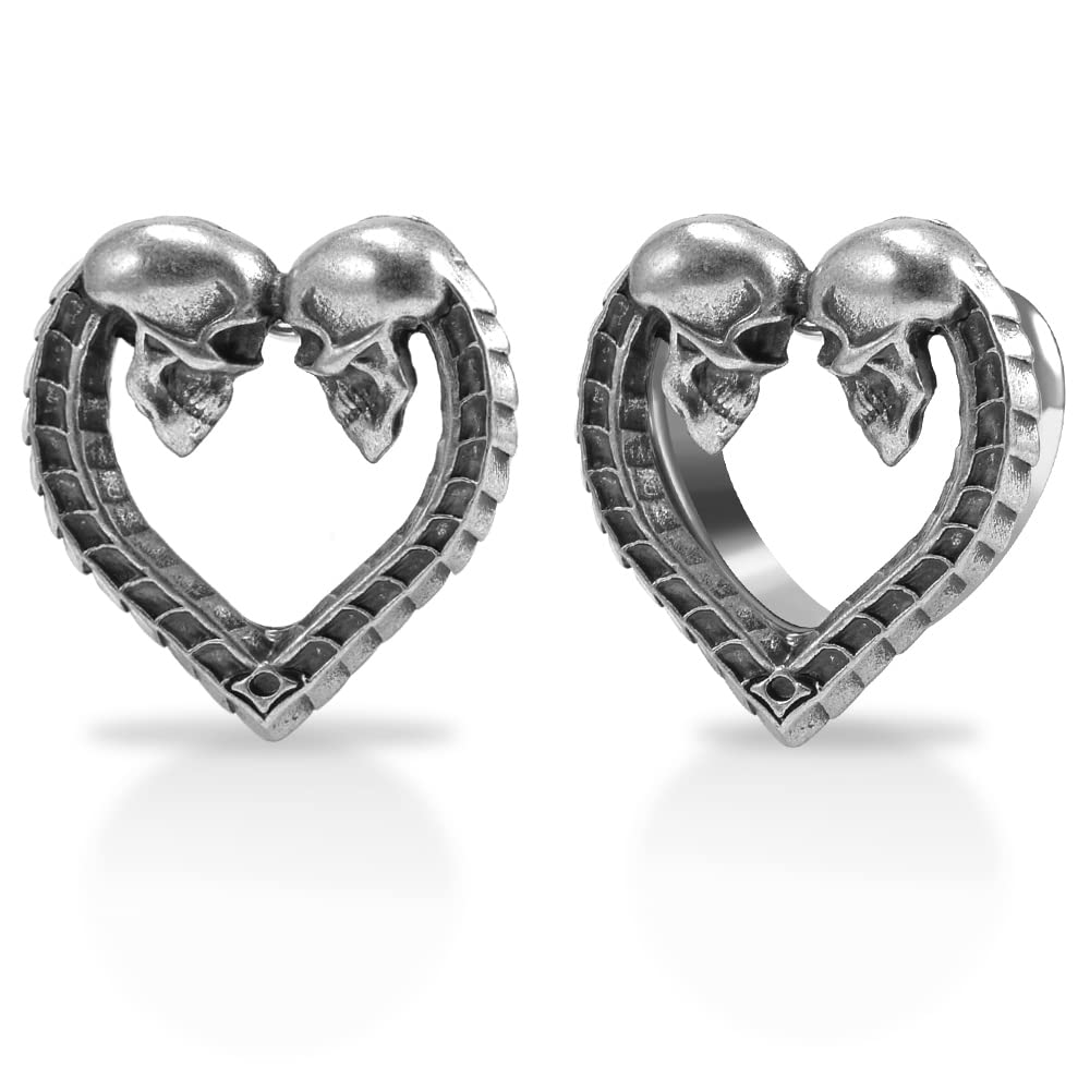 1 Pair Stainless Steel Ear Gauges Tunnels Heart shaped Skull Lovers Antique Silver 0g-1 Inch Single Flare For Men For Women