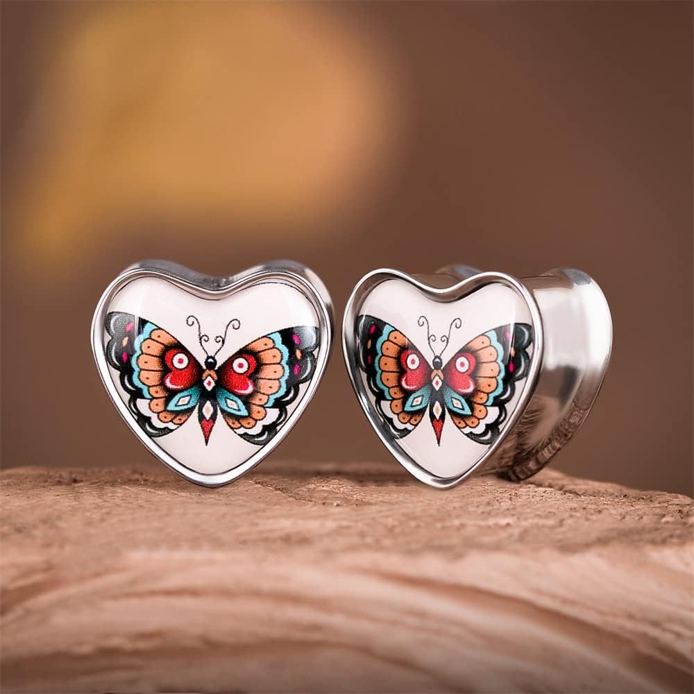 2PCS Stainless Steel Heart Ear Gauges Single Flared Expander Stretching Gauges for Ears