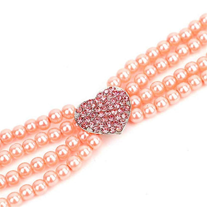 Dogs Kingdom 4 Rows Dog Cat Pearls Necklace Bling Rhinestone Heart Decor Collar Necklace Pet Puppy Jewelry Accessories,White,L:12-14" Neck