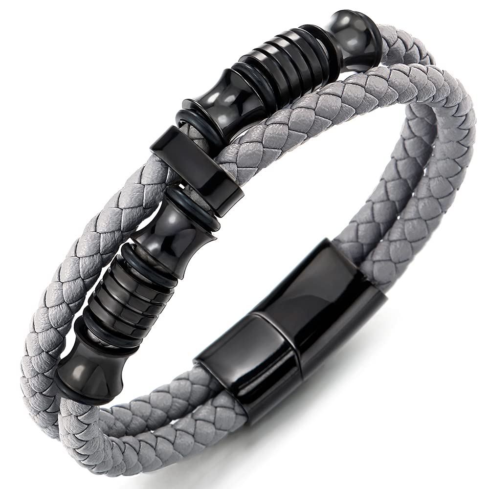 COOLSTEELANDBEYOND Mens Double-Row Braided Leather Bracelet Bangle Wristband with Stainless Steel Ornaments