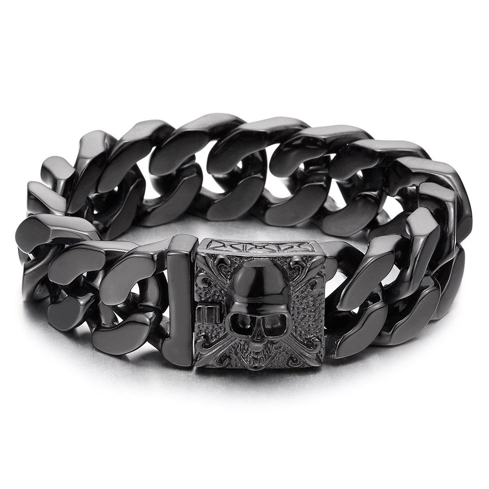 COOLSTEELANDBEYOND Mens Large Vintage Brushed Finishing Steel Curb Chain Bracelet with Fleur De Lis and Skull