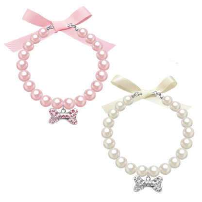 2 Pcs Dog Cat Pearl Collar Necklace with Rhinestone Bone, Fancy Cat Wedding Collar Jewelry for Girl Cat Puppy Dogs Accessories(Pink+White)