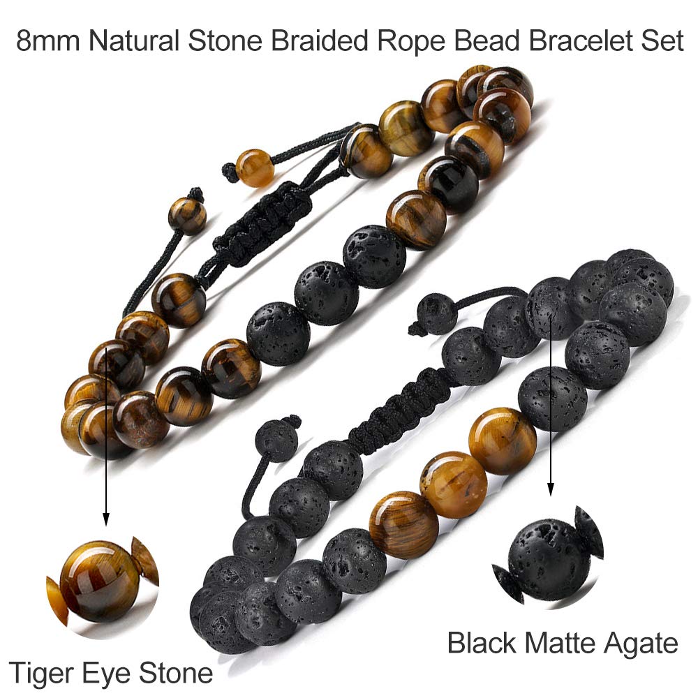 M MOOHAM Natural Stone Bracelets for Men - 8mm Tiger Eye | Matte Agate | Lava Rock Bracelets for Men Teen Boys Gifts Fathers Day Anniversary Birthday Gifts for Him