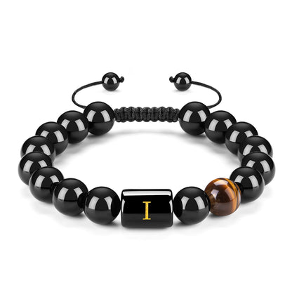 Initials Bracelets for Men Letter Link Handmade Natural Black Onyx Tiger Eye Stone Beads Braided Rope Meaningful Bracelet
