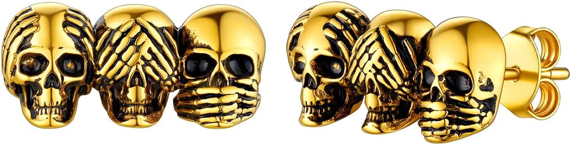 FaithHeart Punk Skull Earrings Stainless Steel/18K Gold Plated Gothic Skeleton Stud/Hoop Earrings for Women Man with Gift Packaging