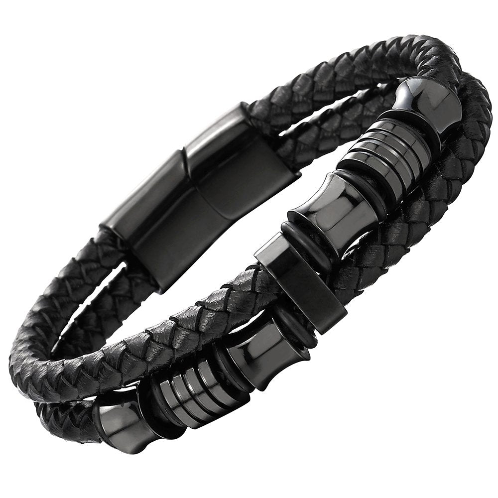 COOLSTEELANDBEYOND Mens Double-Row Braided Leather Bracelet Bangle Wristband with Stainless Steel Ornaments