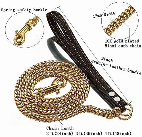 Strong Dog Chain Gold Leash Long 3FT 4FT 5FT 18K Gold Plated Stainless Steel 12mm Curb Cuban Link Dog Leash with Comfortable Genuine Leather Handle(Gold, 3FT)