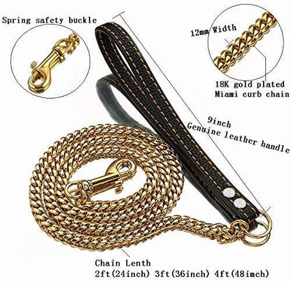 Strong Dog Chain Gold Leash Long 3FT 4FT 5FT 18K Gold Plated Stainless Steel 12mm Curb Cuban Link Dog Leash with Comfortable Genuine Leather Handle(Gold, 3FT)