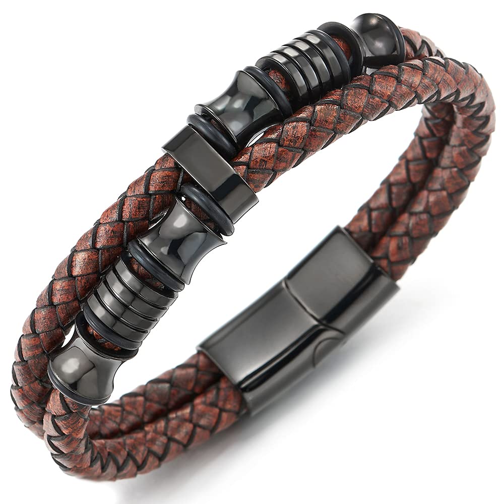 COOLSTEELANDBEYOND Mens Double-Row Braided Leather Bracelet Bangle Wristband with Stainless Steel Ornaments