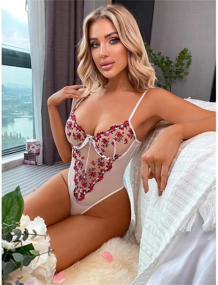 Lilosy Women Sexy Lace Up Floral Embroidered Teddy Lingerie Bodysuit Top Mesh Sheer One Piece