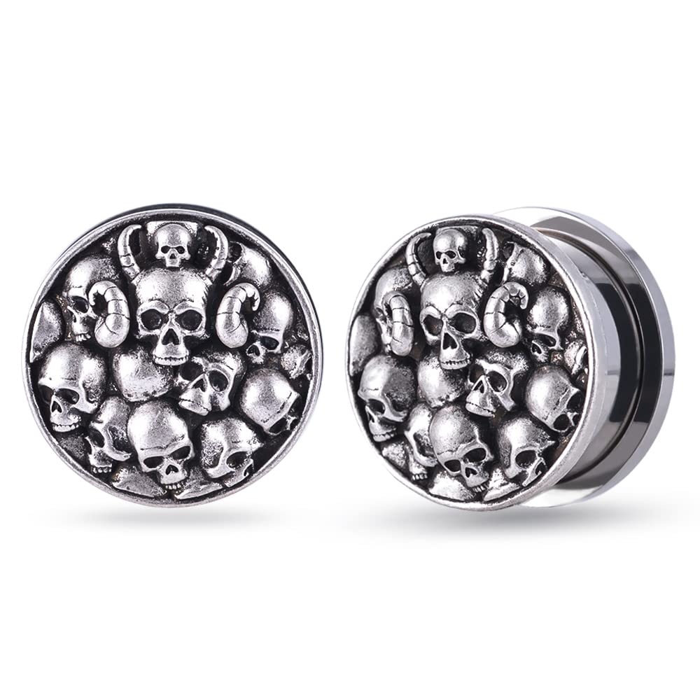 2PCS Surgical Steel Screw Fit Flesh Tunnels Skeleton Gothic Ear Expander Stretching Plugs Gauge 0G-1"(8mm-25mm)