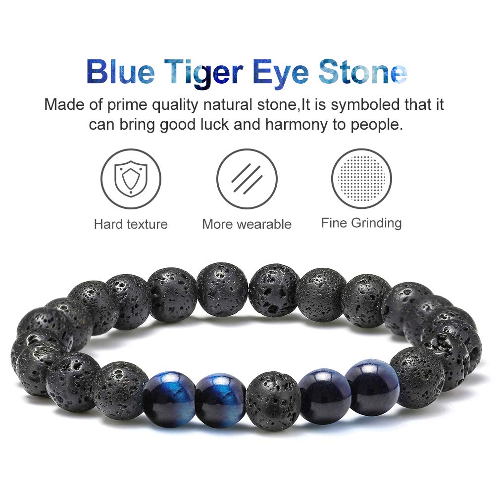 M MOOHAM Natural Stone Bracelets for Men - 8mm Tiger Eye | Matte Agate | Lava Rock Bracelets for Men Teen Boys Gifts Fathers Day Anniversary Birthday Gifts for Him