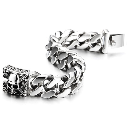 COOLSTEELANDBEYOND Mens Large Vintage Brushed Finishing Steel Curb Chain Bracelet with Fleur De Lis and Skull