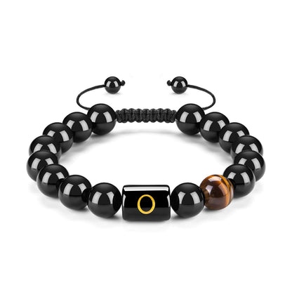 Initials Bracelets for Men Letter Link Handmade Natural Black Onyx Tiger Eye Stone Beads Braided Rope Meaningful Bracelet