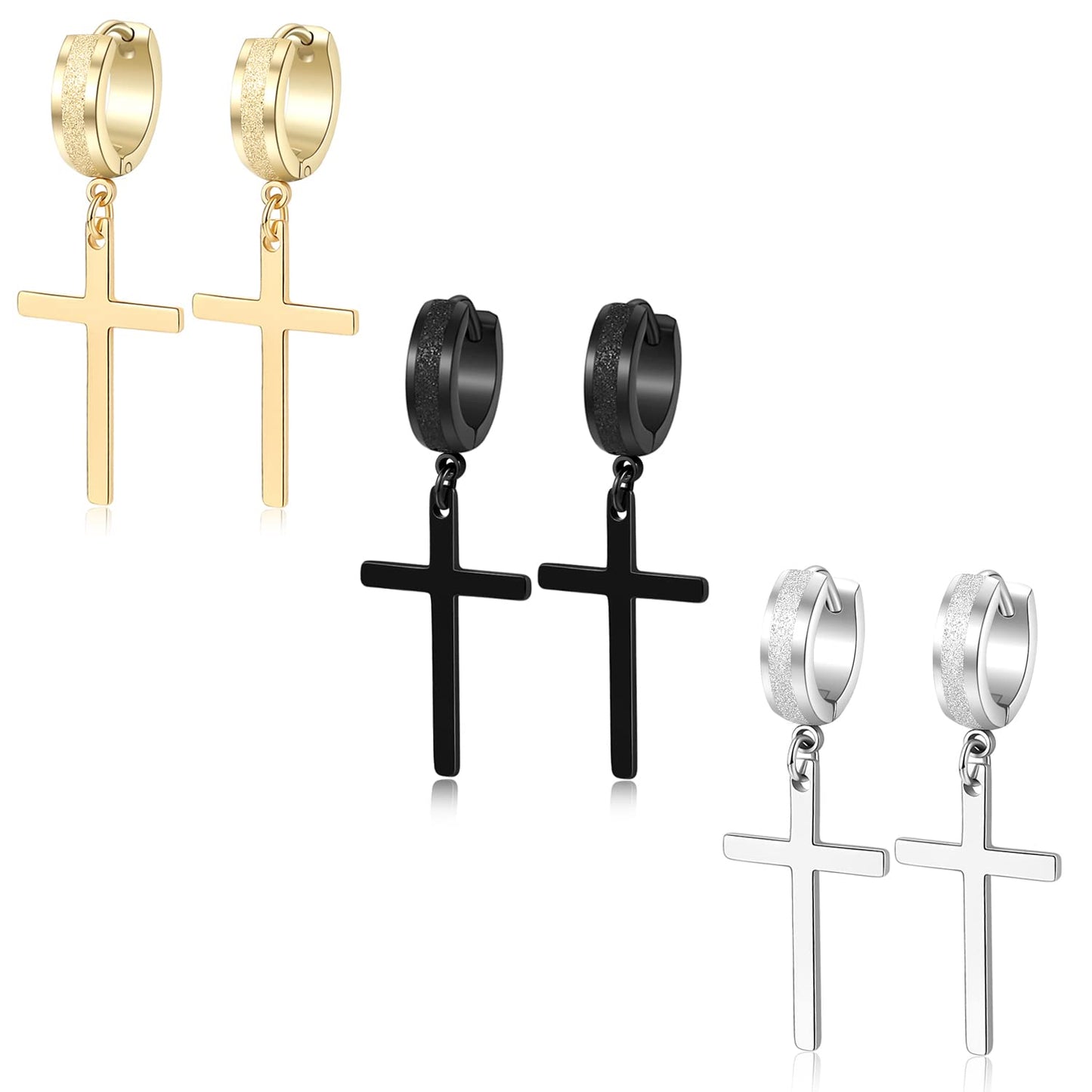 Men Women Stainless Steel Cross Earrings Set Dangle Hinged Earrings of Dangle Hinged Earrings Cross hoop Earrings