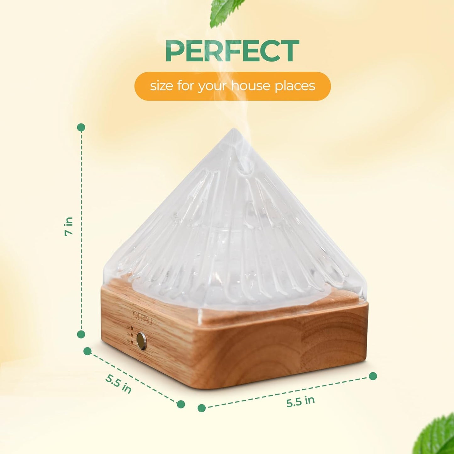 Glass Pyramid Essential Oil Diffuser with Glass Reservoir & Wood Base, Plastic Free Scent Oil Diffusers, 200ml Ultrasonic Glass Diffuser for Aromatherapy Cool Mist Humidifier for Home Gift