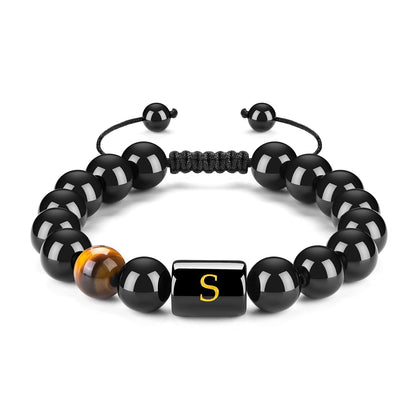 Initials Bracelets for Men Letter Link Handmade Natural Black Onyx Tiger Eye Stone Beads Braided Rope Meaningful Bracelet