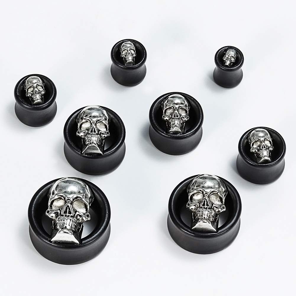 TBOSEN 2 or 4 pcs Antiqued Skull Wood Double Flared Ear Plug Saddle Organic Black Areng Flesh Tunnels Gauges 0g - 1 inch