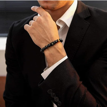 Initials Bracelets for Men Letter Link Handmade Natural Black Onyx Tiger Eye Stone Beads Braided Rope Meaningful Bracelet
