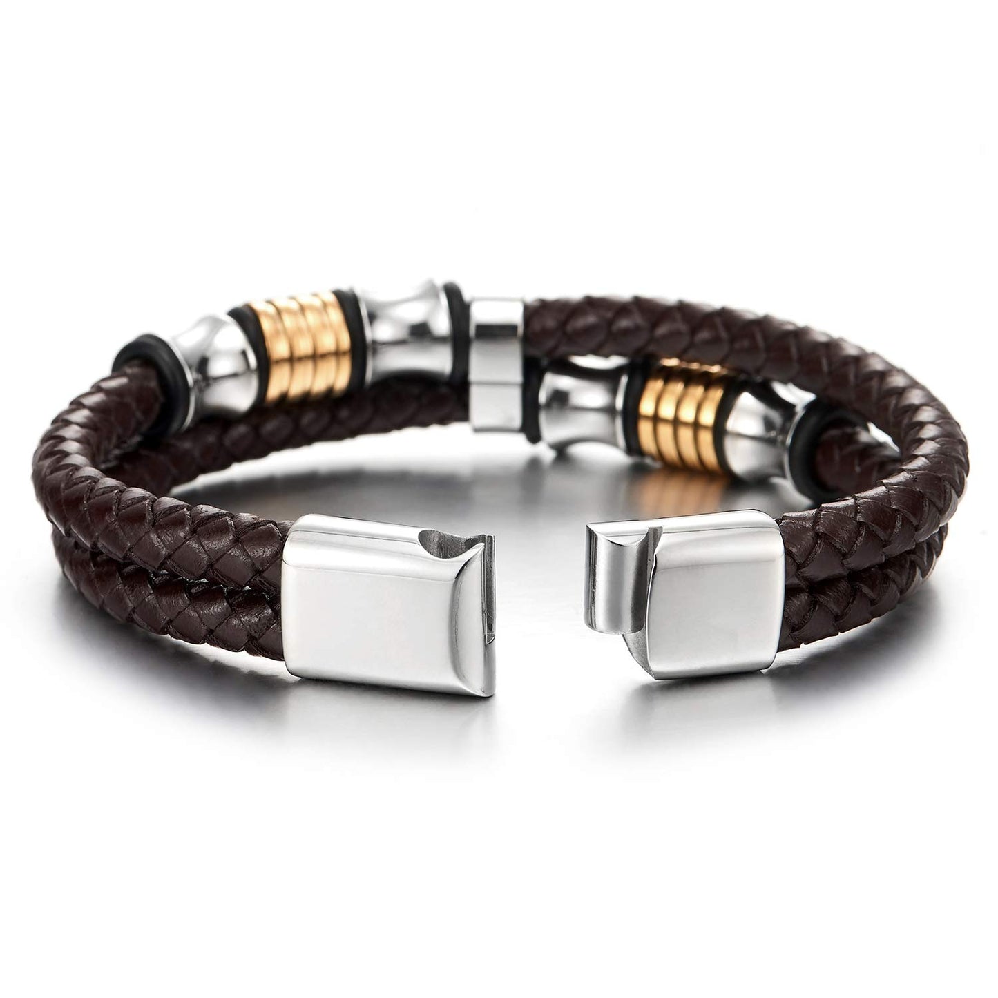 COOLSTEELANDBEYOND Mens Double-Row Braided Leather Bracelet Bangle Wristband with Stainless Steel Ornaments