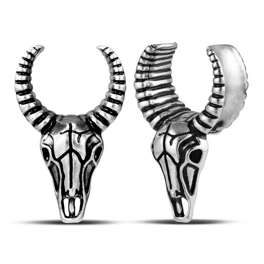 2PCS Punk Skull Ear Tunnels Brass Vintage Double Flared Plugs Cool Gothic Goat Head Ear Gauges Stretcher Piercings Gauge 0g to 1 inch