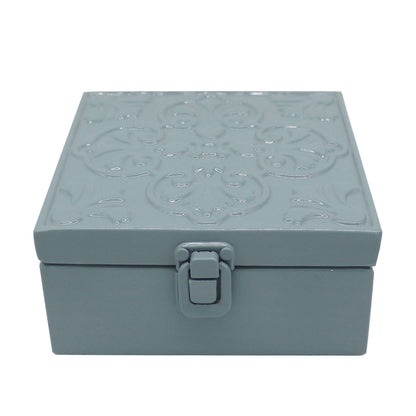 CVHOMEDECO. Rustic Metal Decorative Box Vintage Galvanized Storage Box with Lid and Hinged Square Stash Boxes for Photos, Jewelry, Keepsake and Gifts. Blue
