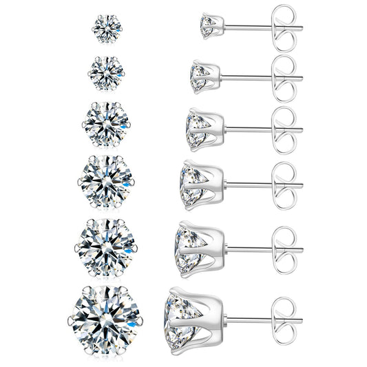 UHIBROS 6 Pairs Stainless Steel Stud Earrings Set Hypoallergenic Cubic Zirconia 14K White Gold 316L CZ Earrings