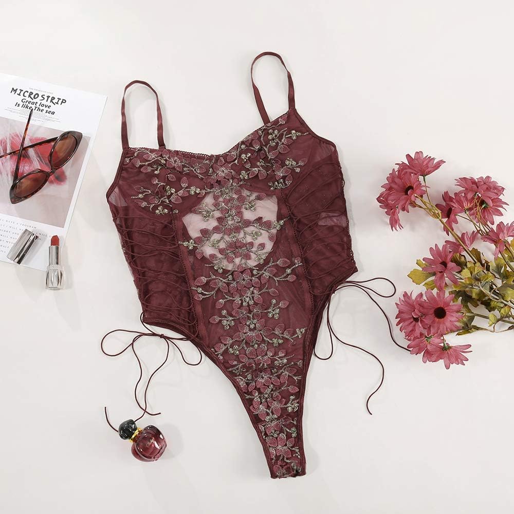 Lilosy Women Sexy Lace Up Floral Embroidered Teddy Lingerie Bodysuit Top Mesh Sheer One Piece