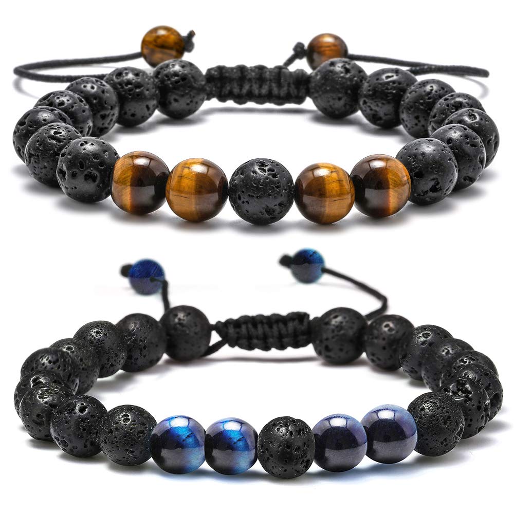 M MOOHAM Natural Stone Bracelets for Men - 8mm Tiger Eye | Matte Agate | Lava Rock Bracelets for Men Teen Boys Gifts Fathers Day Anniversary Birthday Gifts for Him