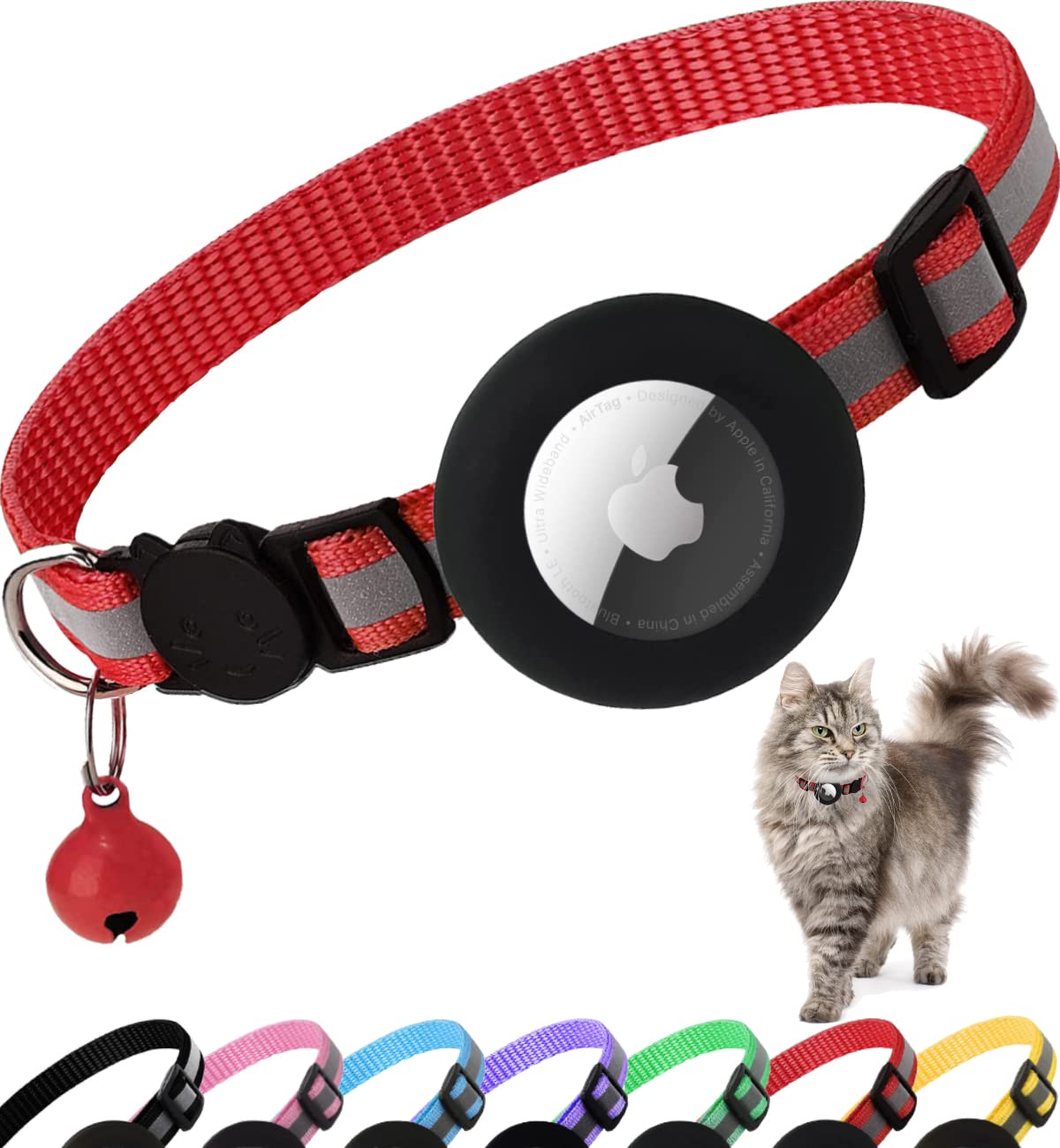 Airtag Cat Collar Breakaway, Reflective Kitten Collar with Apple Air Tag Holder and Bell for Girl Boy Cats, 0.4 Inches in Width and Lightweight(Black)